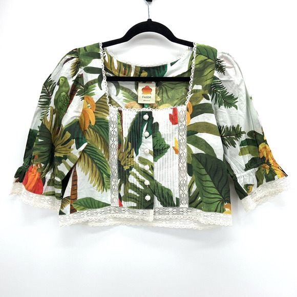 Farm Rio White Cocoa Forest Blouse Puff Sleeve Crochet Size S Tropical Boho‎ NWT - Picture 1 of 7